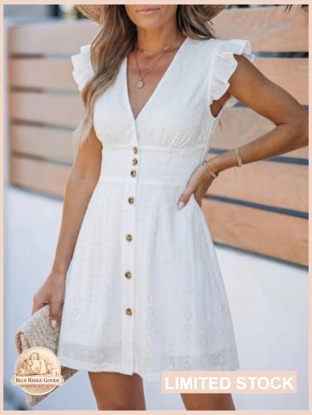 Flutter Sleeve Mini Sundress V Neck Ruffle Button Casual Summer Chic - Picture 5 of 7